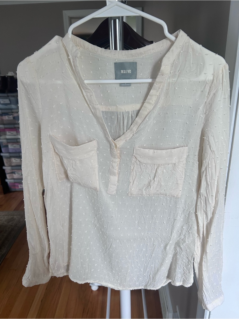 Maeve Cream Swiss Dot V-Neck Pocket Blouse